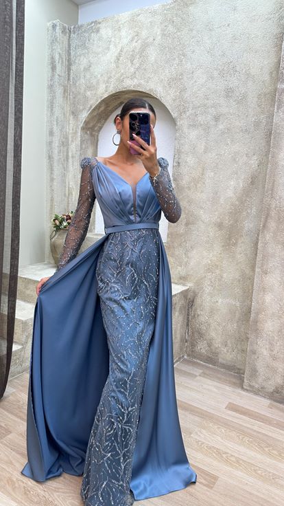 Indigo Bust Pleated Embroidered Satin Evening Dress