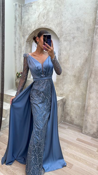 Indigo Bust Pleated Embroidered Satin Evening Dress