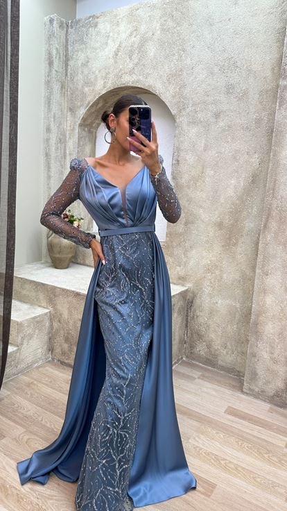 Indigo Bust Pleated Embroidered Satin Evening Dress