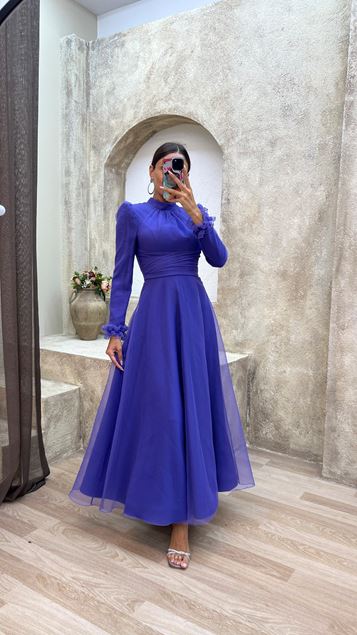 Lilac Waist Detailed Shoulder Waistband Hijab Tulle Evening Dress