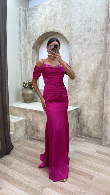 Fuchsia Rope Strap Sleeve Detail Draped Embroidered Satin Evening Dress