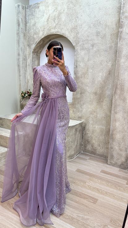 Lilac Waist Floral Detail Embroidered Design Hijab Evening Dress