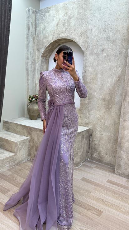 Lilac Waist Floral Detail Embroidered Design Hijab Evening Dress