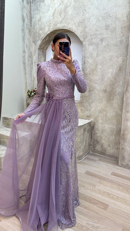 Lilac Waist Floral Detail Embroidered Design Hijab Evening Dress