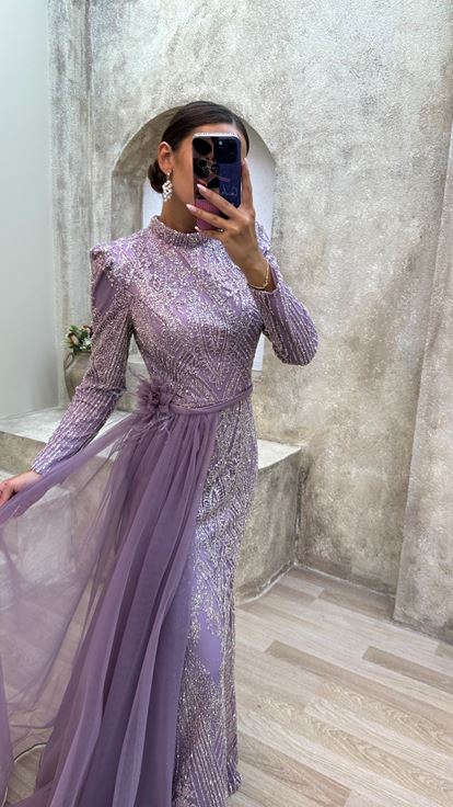 Lilac Waist Floral Detail Embroidered Design Hijab Evening Dress
