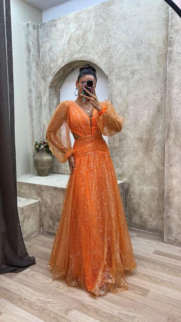 Orange V-Neck Waist Detail Balloon Sleeve Design Evening Dress