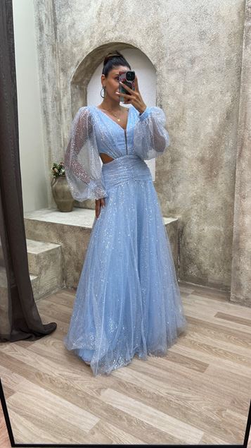 Blue V-Neck Waist Detail Balloon Sleeve Design Evening Dress