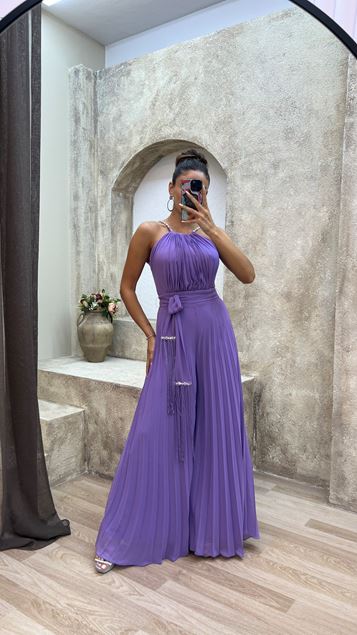 Lilac Neck Detail Embroidered Chest Draped Design Evening Dress Jumpsuit