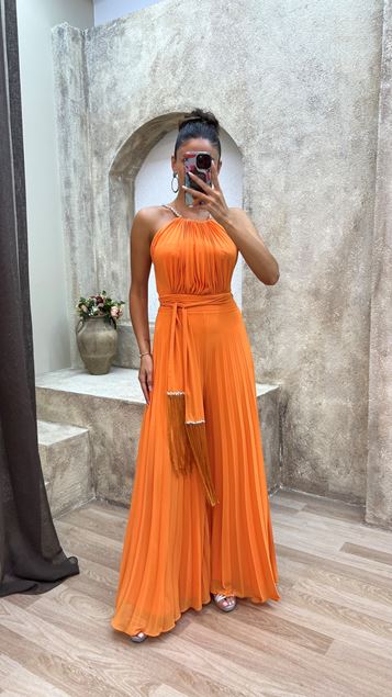 Orange Neck Detail Embroidered Chest Draped Design Evening Dress