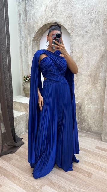 Saks Cross Detail Pleated Design Satin Evening Dress