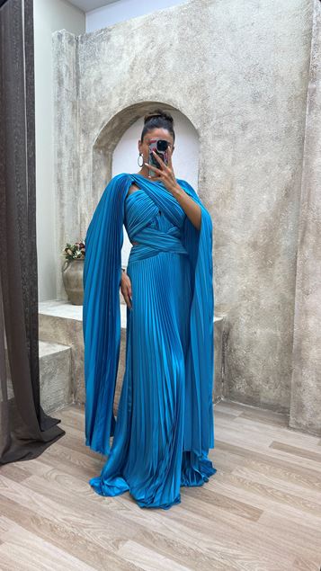 Blue Cross Detail Pleated Design Satin Evening Dress