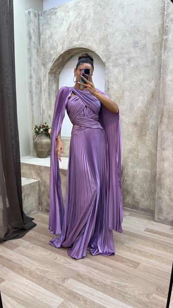 Lilac Cross Detail Pleated Design Satin Evening Dress