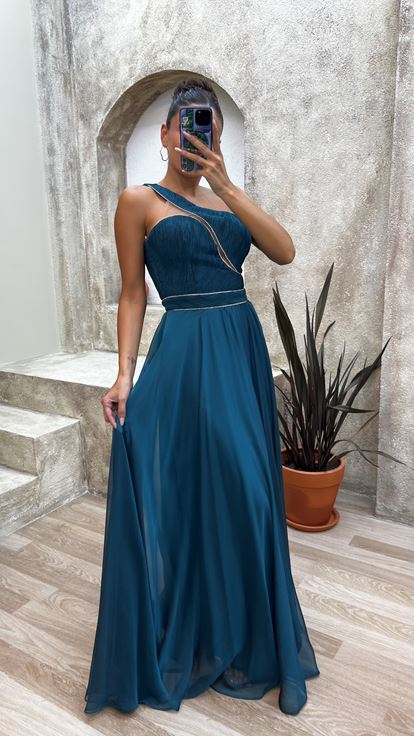 Verde Una spalla petto Burlesque tessuto abito da sera