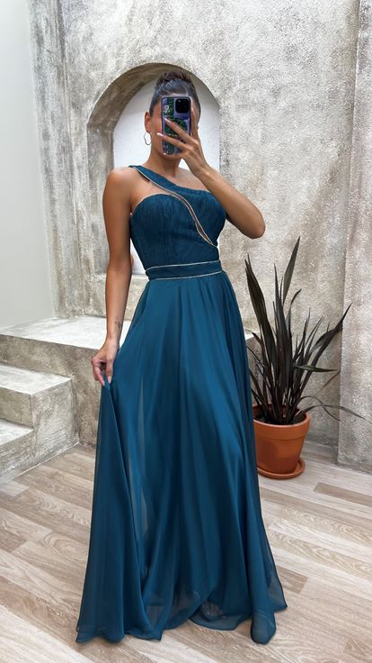 Verde Una spalla petto Burlesque tessuto abito da sera