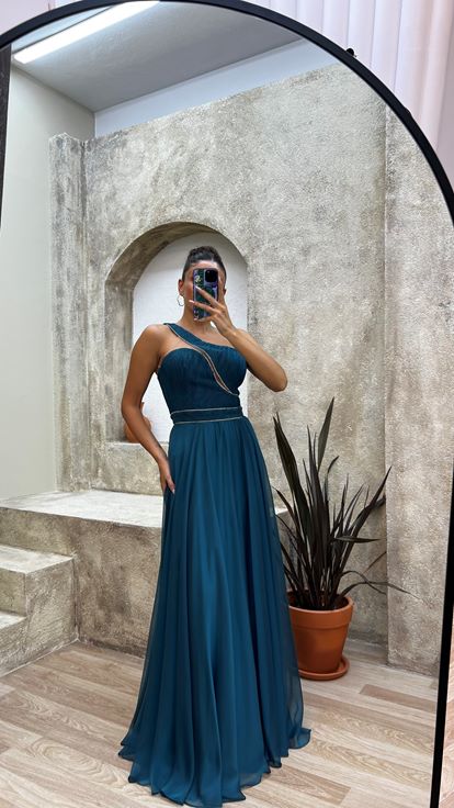 Verde Una spalla petto Burlesque tessuto abito da sera