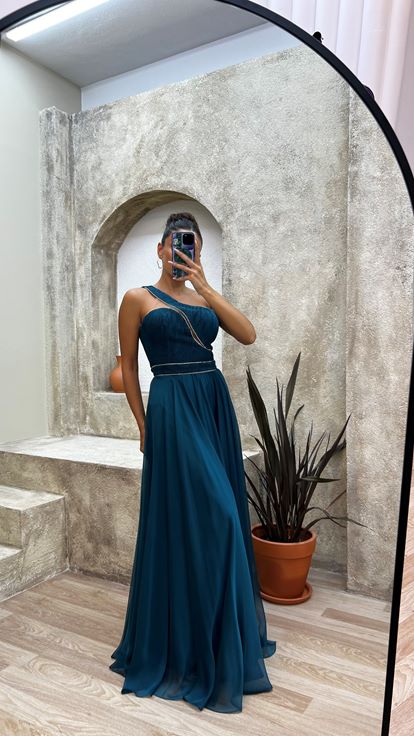 Verde Una spalla petto Burlesque tessuto abito da sera