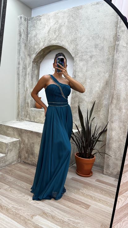 Verde Una spalla petto Burlesque tessuto abito da sera