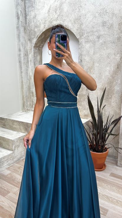 Verde Una spalla petto Burlesque tessuto abito da sera