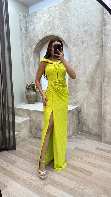 Yellow Neck And Waist Detail Design Dress