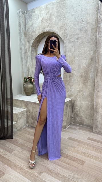 Lilac Shoulders Waistline Waist Detail Design Evening Dress
