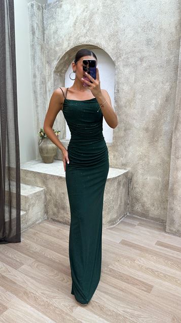 Khaki Rope Strap Back Detail Pleated Design Dress