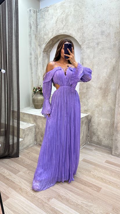 Lilac Rope Hanging Crepe Fabric Waist Detail Design Dress