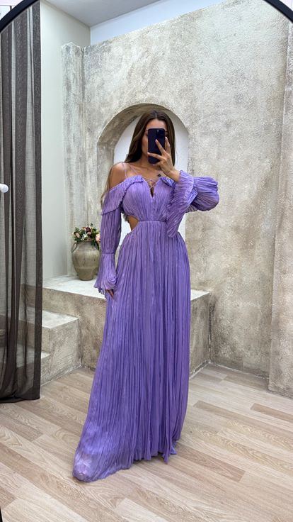 Lilac Rope Hanging Crepe Fabric Waist Detail Design Dress