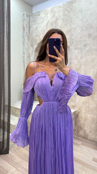 Lilac Rope Hanging Crepe Fabric Waist Detail Design Dress