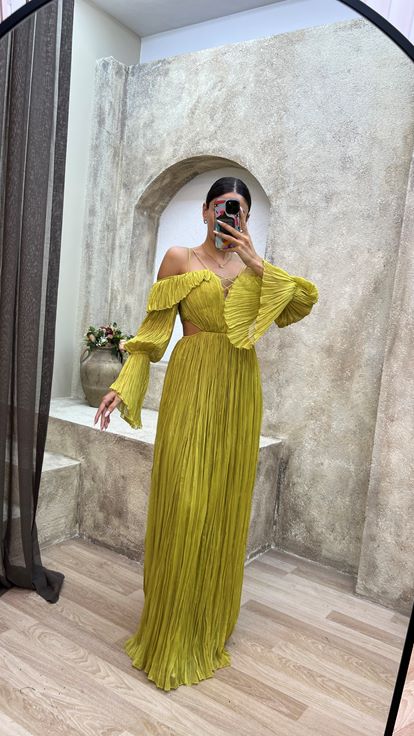 Yellow Rope Hanging Crepe Fabric Waist Detail Design Dress