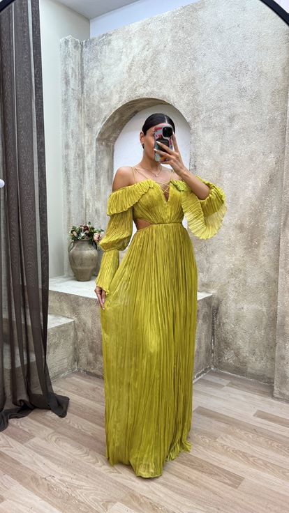 Yellow Rope Hanging Crepe Fabric Waist Detail Design Dress