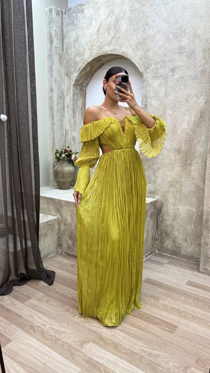Yellow Rope Hanging Crepe Fabric Waist Detail Design Dress