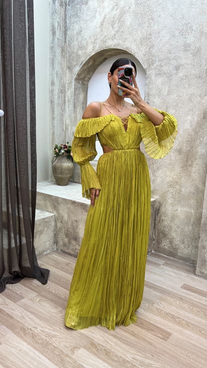 Yellow Rope Hanging Crepe Fabric Waist Detail Design Dress