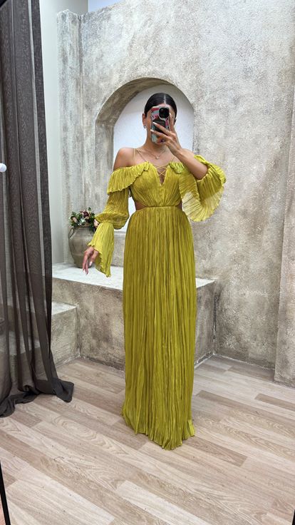 Yellow Rope Hanging Crepe Fabric Waist Detail Design Dress