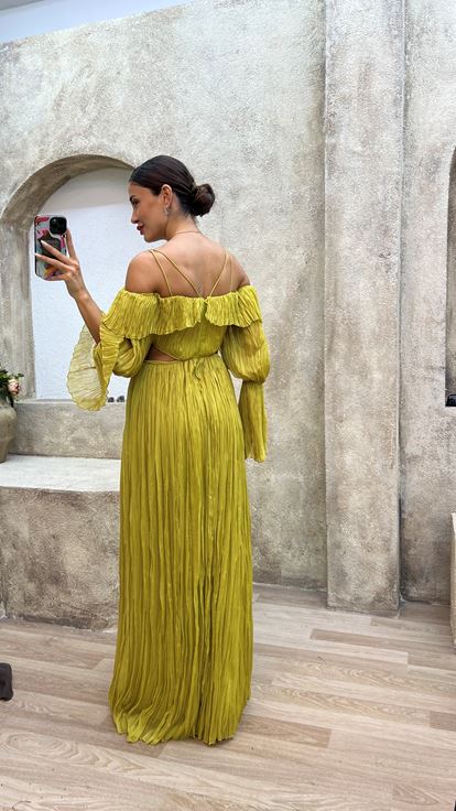 Yellow Rope Hanging Crepe Fabric Waist Detail Design Dress