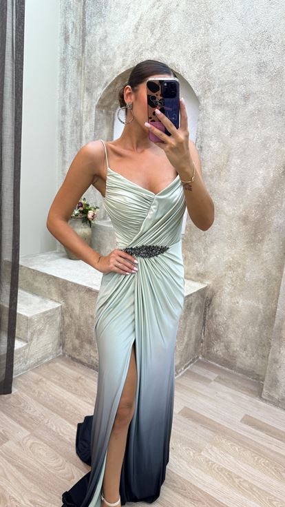 النعناع الأخضر حبل بروش فستان سهرة مفصل