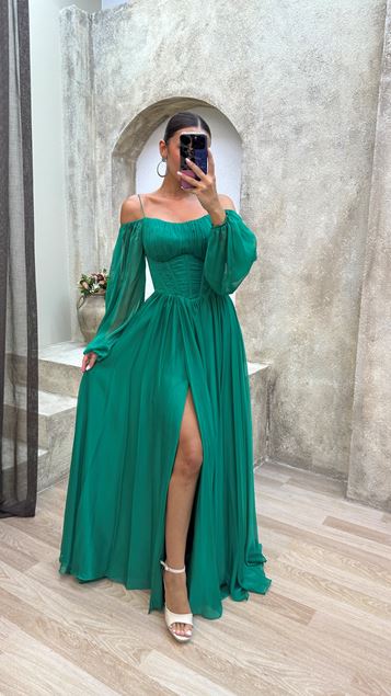 Green Rope Strap Transparent Detail Balloon Sleeve Design Dress