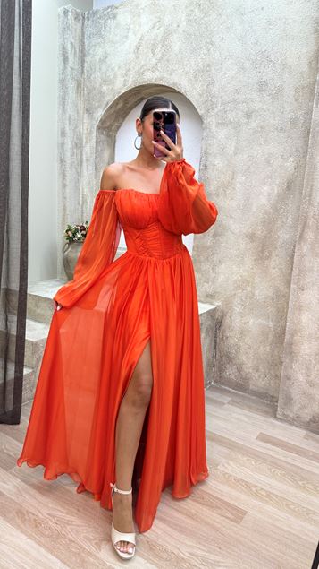 Orange Rope Strap Transparent Detail Balloon Sleeve Design Dress