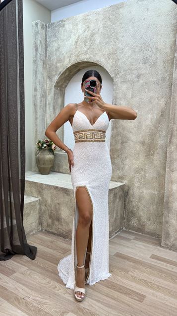 White Rope Strap Waist Detail Slit Special Embroidered Evening Dress