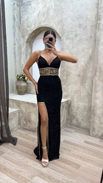 Black Rope Strap Waist Detail Slit Special Embroidered Evening Dress