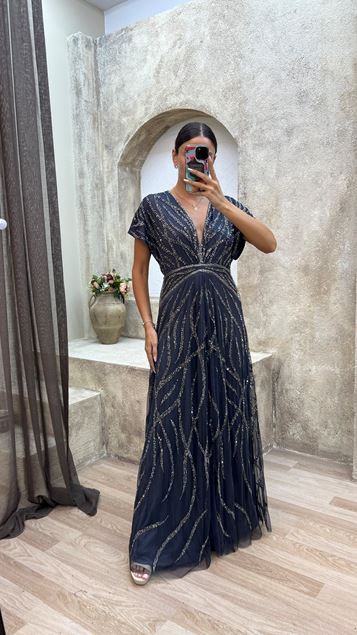 Grigio Scollo a V Retro Dettaglio Speciale Ricamato Design Abito da sera