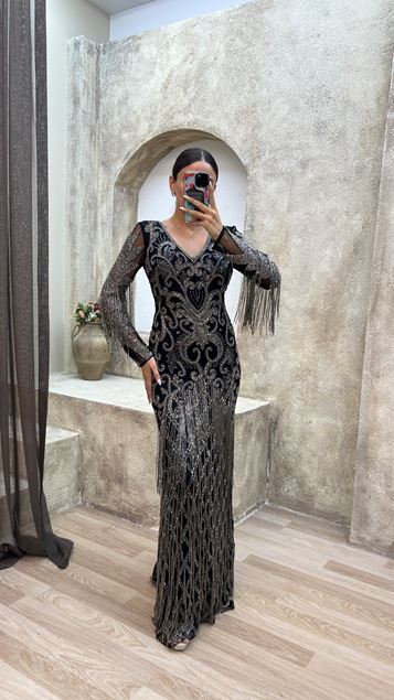 Black V Neck Tassel Detail Design Evening Dress