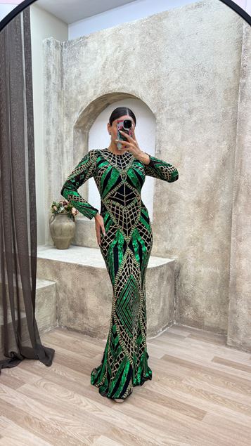 Green Special Embroidered Design Evening Dress