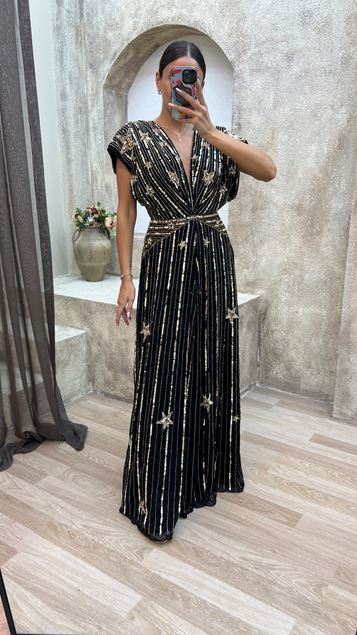 Yellow V-Neck Back Detail Special Embroidered Design Evening Dress