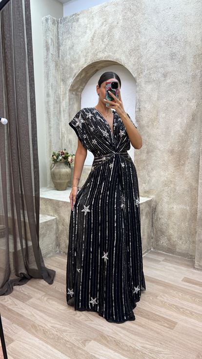 Black V Neck Back Detail Special Embroidered Design Evening Dress