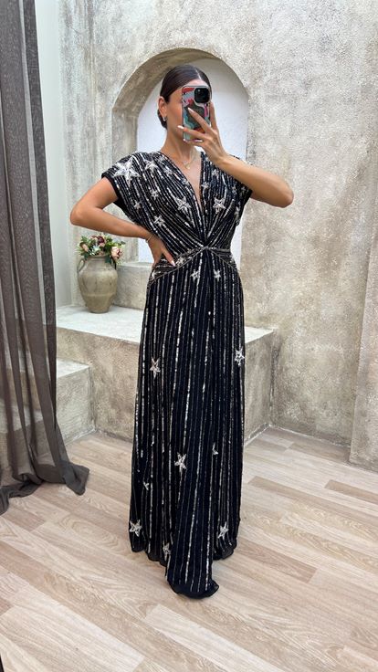 Black V Neck Back Detail Special Embroidered Design Evening Dress