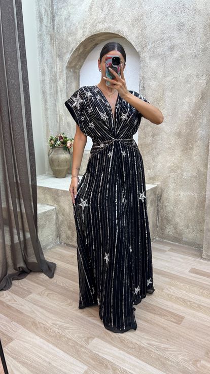 Black V Neck Back Detail Special Embroidered Design Evening Dress