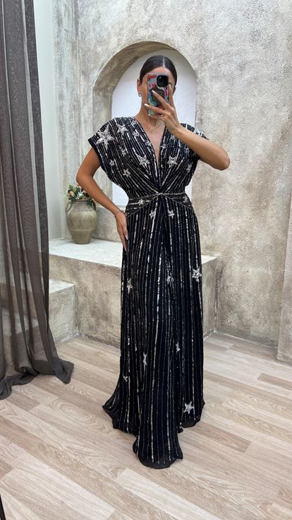 Black V Neck Back Detail Special Embroidered Design Evening Dress