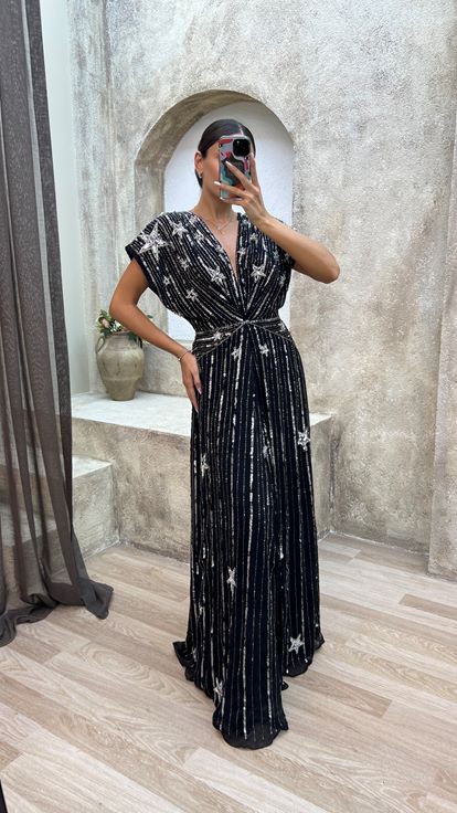 Black V Neck Back Detail Special Embroidered Design Evening Dress