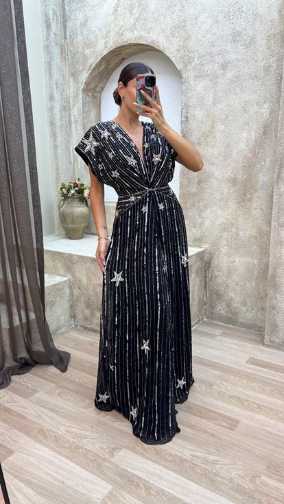 Black V Neck Back Detail Special Embroidered Design Evening Dress