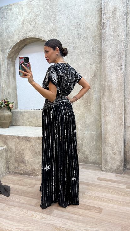 Black V Neck Back Detail Special Embroidered Design Evening Dress